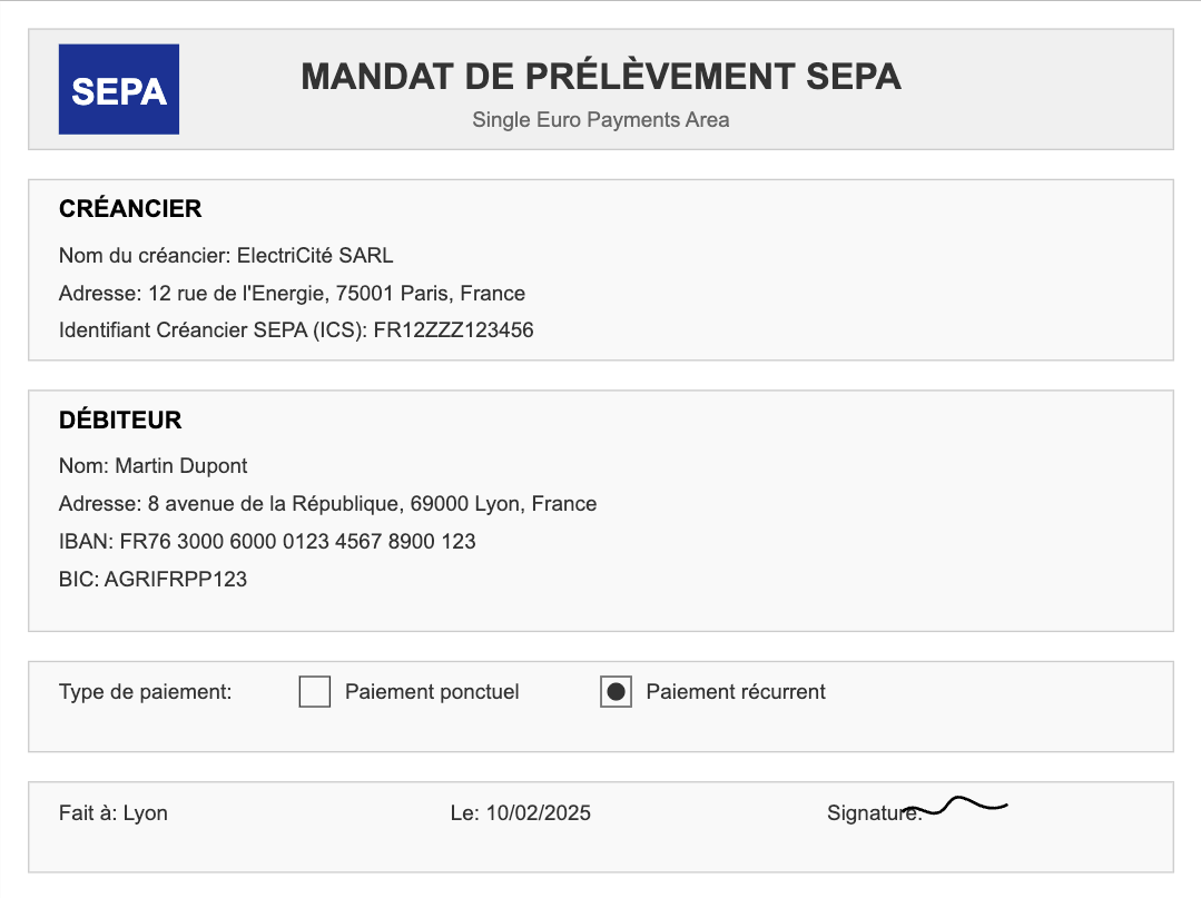 Mandat SEPA conforme à la législation